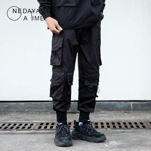Hip Hop Casual Ribbons Baggy Street Cargo Joggers Harem Pants Men Multi Pockets Streetwear Harajuku Fashion Loose Trousers 2021