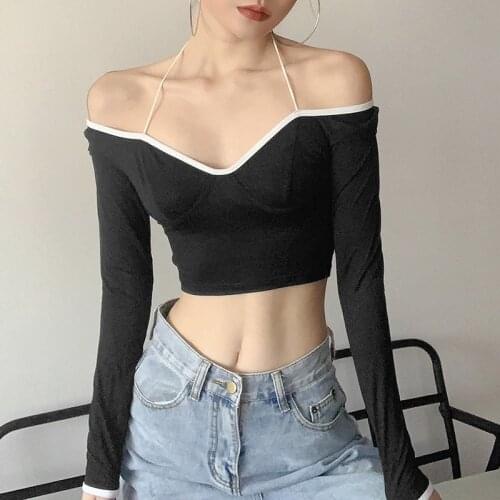 SEASONS Autumn Solid Color Long-Sleeved T Shirt Women V-Neck Halter Low-Cut Top Lady Urban Beauties Daily Commute 2021 ASTS83643