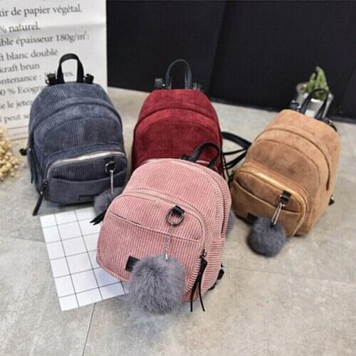 Womens Backpack Corduroy Satchel Travel School Bags Girl Rucksack Handbag Shoulder Bag with Plush Ball Pendant