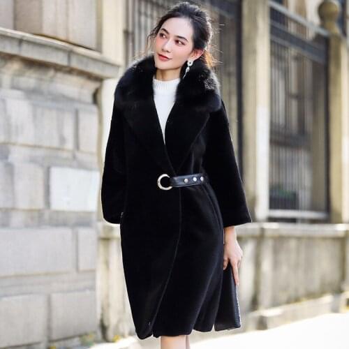Winter Fashion Jacket Women Genuine Sheep Shearing Fur Coat Female Long Warm Real Fur Coat Natural Fox Fur Collar OT1743