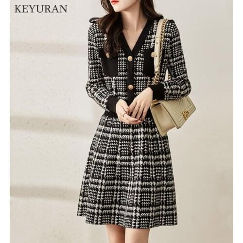 2021 New Fashion Fall Winter Dress Women Elegant Vintage Plaid Dresses Ladies Runway V-Neck Long Sleeve Jacquard Knitting Dress