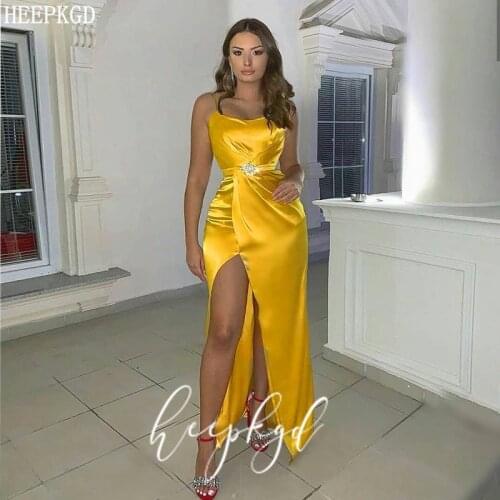 Golden Sexy Mermaid Prom Dresses With Slit Spaghetti Straps Pleat Satin Plus Size Wedding Guest Dress Robe De Soiree Cheap