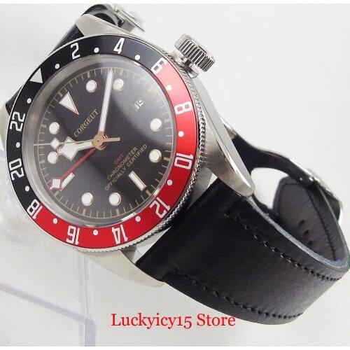 CORGEUT logo Men Watch GMT Date Function Alloy Bezel 41mm Silver Color Case Deployment Clasp