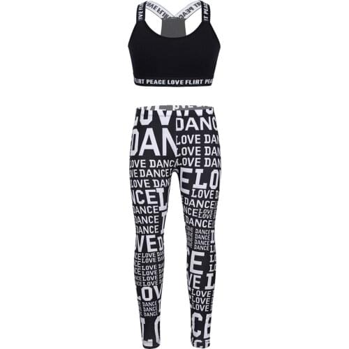 Kids Girls Gymnastics Fitness Workout Tracksuit Outfit Letters Printed Sports Bra Crop Tops With Leggings Set For Ballet Dance