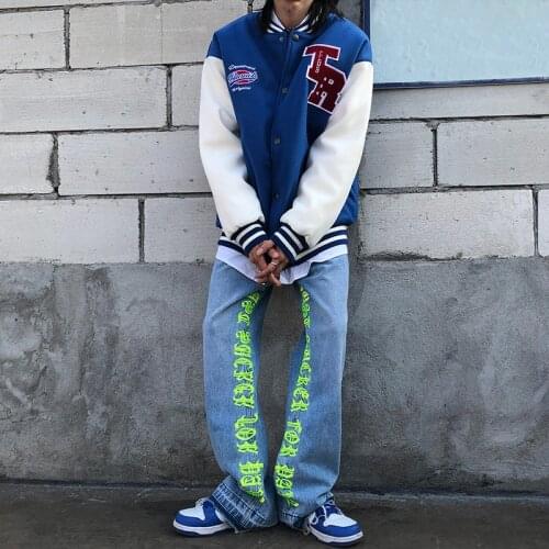 High street embroidered jeans mens lace mopping handsome micro trumpet fashion