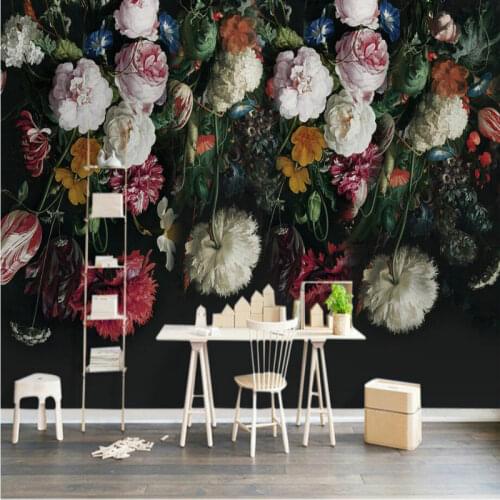 European Retro Floral Painting Photo Wallpapers 3D Living Room Bedroom Black Background Flower Mural Wall Papers Home Decor