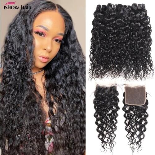 Ishow Hair Water Wave Bundles Indian Hair Weave 4 Bundles With Closure More Wavy Non Remy Human Hair With Lace Closure