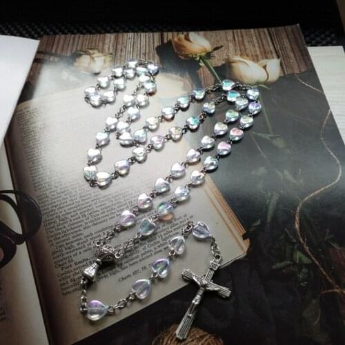 Catholic Prayer Rosary Necklace Cross Pendant Necklaces Heart Shaped Beads Long Chain Fashion JewelryX3UC