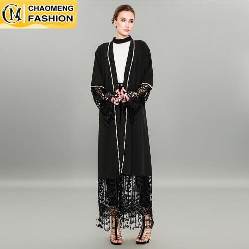 Muslim Women Open Abaya Kimono Long Lace Tassel Sleeve With Peals Latest Design Dubai Islamic Clothing Ramadan Turkey Arab