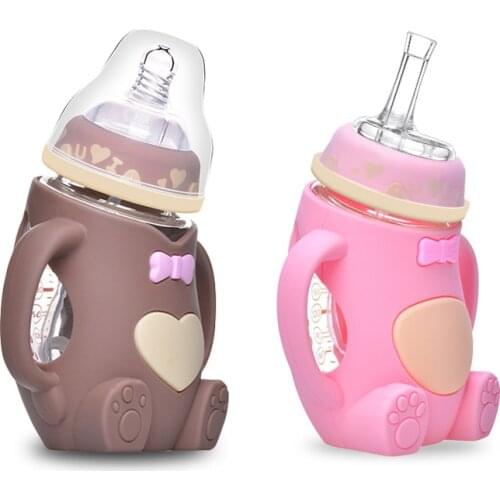 Cute Cartoon 240ml Baby Silicone Glass Feeding Bottle BPA Free Safety Baby Drop-proof Glass Feeding Bottle Baby Feeding Gifts