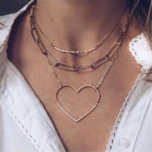 Fashion Big Pendant Heart Necklace Multilayer Gold Color Long Chain Necklaces Women Boho Jewelry Collier Femme Statement