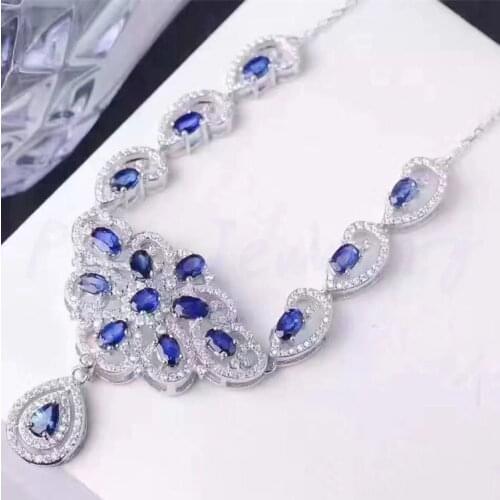 Sapphire necklace Free shipping Real natural blue sapphire 925 sterling silver 0.35ct*15pcs,0.6ct*1pc gemstone #L18050806