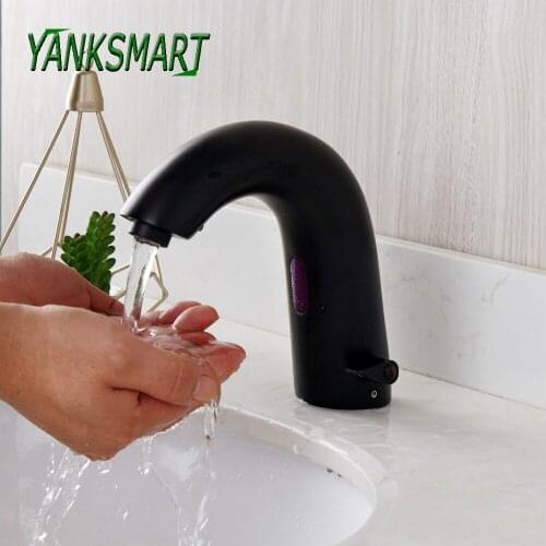 YANKSMART Matte Black Automatic Touch Free Sensor Bathroom Faucet Deck Mounted Basin Sink Solid Brass Washbasin Mixer Water Tap