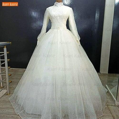 Real Photos White Wedding Dress Long Sleeves 2021 robe de mariée Hige Ncak Muslim Bride Dresses Arabic Dubai vestido de novia