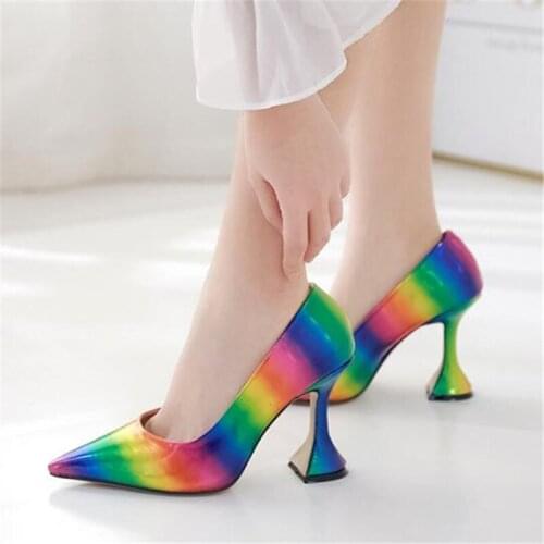 Women pumps PU Slip On 9CM Thin Heels High heels Pointed Toe Multicolor Shallow shoes for women women shoes 2020 size 35-42