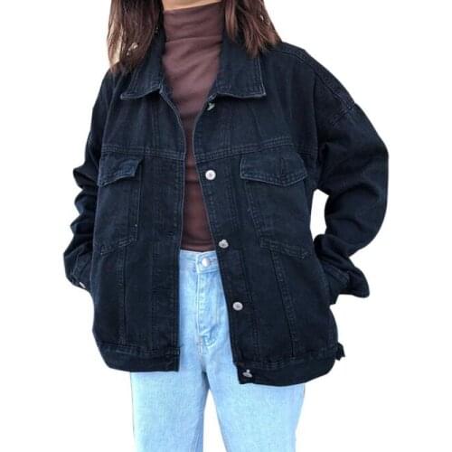 New 2020 Spring and Autumn Womens Korean Denim Jacket Street Clothing Pocket Single Breasted Cowgirl Jacket Black Denim Jacket