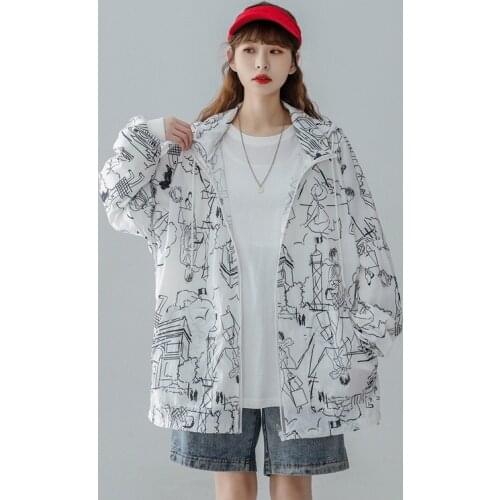 2021 Summer Cartoon Graffiti Printed Sunscreen Shirts Women Zipper Jacket Sun Protection Outwear Thin Hooded Coats Cute Harajuku