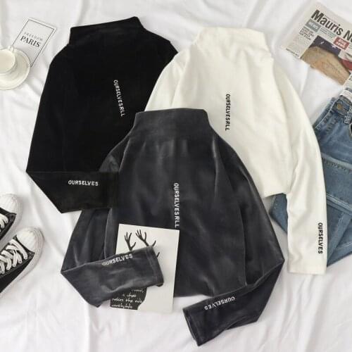 2019 spring/Autumn winter Women Turtleneck T Shirt Tees Warm Thick Velvet T-Shirts Female Bottoming Long Sleeve Shirt Tops G953