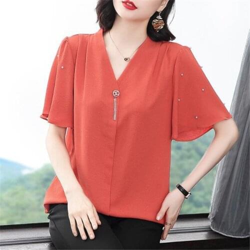 Women Chiffon Summer Shirts Loose Casual Flared Sleeves Tops Elegant Temperament V-Neck Shirring Blouses Fashion Blusas MM1068