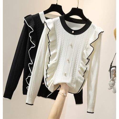 Ruffle Splicing Pullover Knit White Women O-Neck Contrast Color A Word Plaid Skirt Suit 2020 Fall Winter Sweater Pearl Buttons