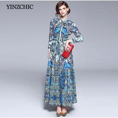 Woman ethnic printed spring long dress turn down collor female party vintage maxi dress