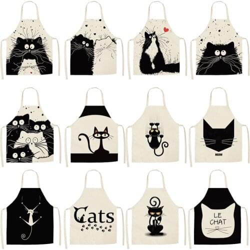 1Pcs Kitchen Apron Funny Cat Printed Cotton Linen Advertising Aprons Bibs for Women Men Home Cleaning Tools Work Aprons Uniforms
