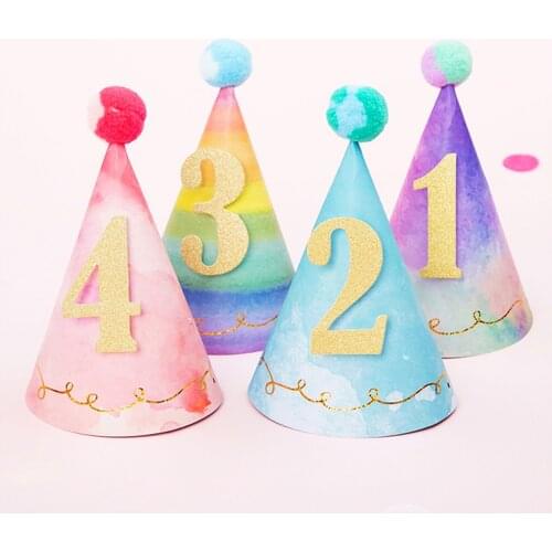 1PC Cute Glitter Number Rainbow Birthday Veil Caps Paper Party Hats Handmade Newborn Kids Decor Baby Shower Gifts Supplies