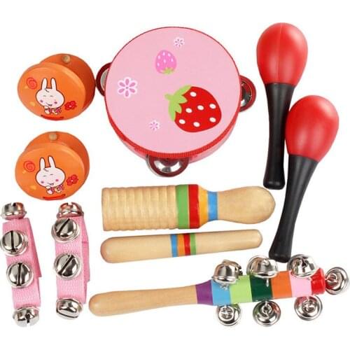 10pcs/set Tambourine Maracas Castanets Handbells Guiro Set Percussion Instrument Band Rhythm Kit for Kid Musical Toy