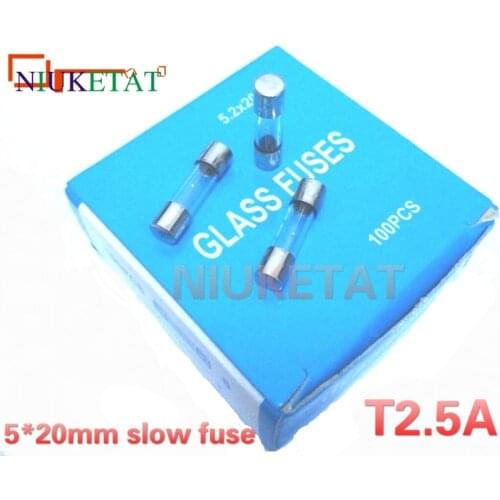 100pcs/box 5*20mm 2.5A 250V slow fuse 5*20 T2.5A 2500mA 250V Glass Fuse 5mm*20mm New and original
