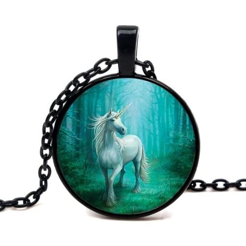 3 Color Fashion Vintage Steampunk Style White Unicorn Art Photo Retro Pendant Chain Dome Chain Jewelry For Girl Women