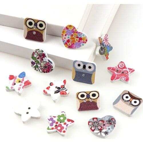 50pc Mixed Star&Flower Wood Shape Apparel Sewing Buttons Scrapbooking Decorative For Kids Clothes Handicraft DIY Accessories