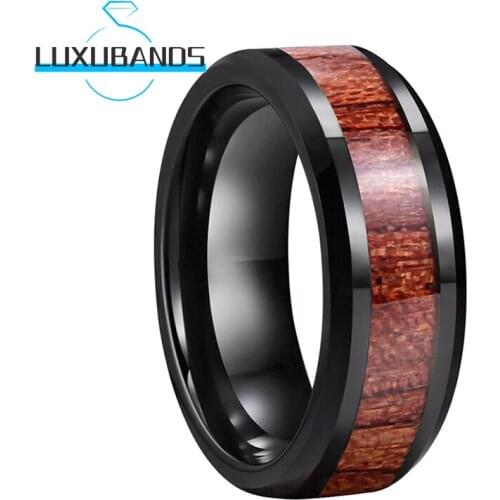 8MM Black Beveled Tungsten Carbide Rings For Women Men Rose Wood Inlay Wedding Engagement Bands Polished Finished Comfort Fit