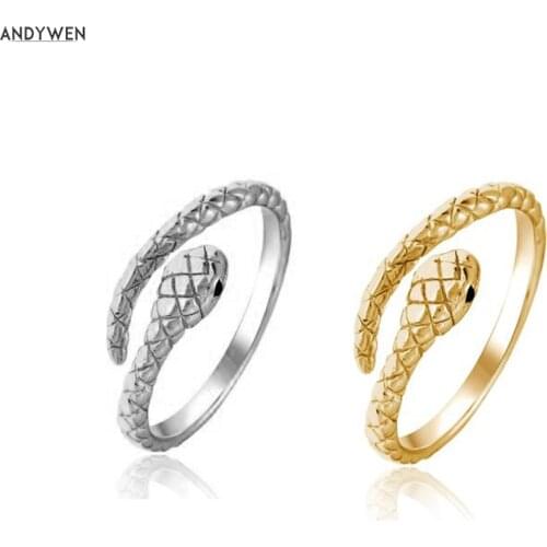 ANDYWEN 925 Sterling Silver Gold Snake Resizable Ring Adjustable Animal Women Luxury Rock Punk Slim Circle Round Jewelry