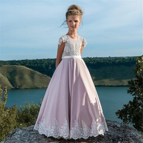Satin Flower Girl Dresses For Weddings Cap Sleeves A-line Lace Applique For Little Girls First Holy Communion Party Dresses