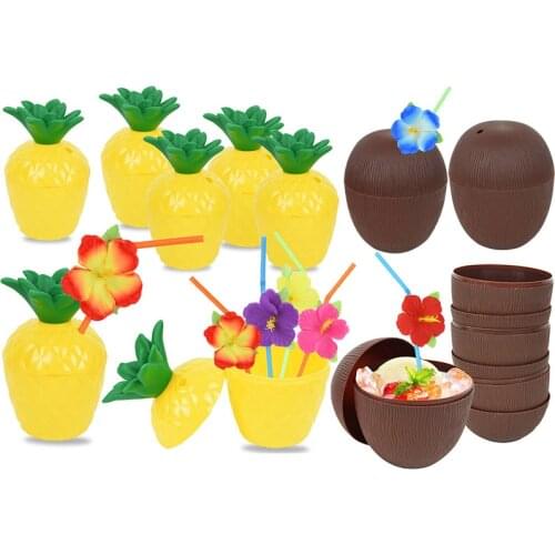 1pc Tropical Pineapple Coconut Drinking Cup Juice Cups With Straws Hawaiian Luau Birthday Wedding Summer Beach Pool Party Decor