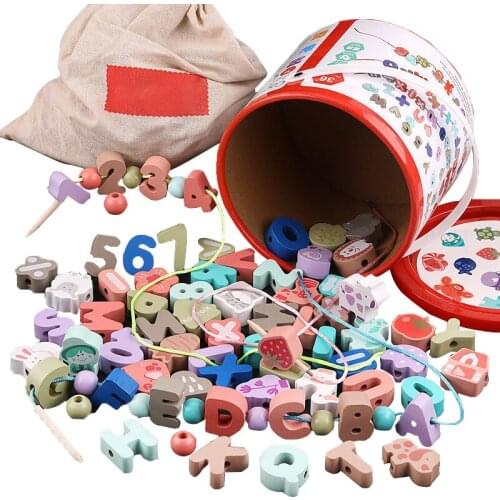 DIY Cartoon Wooden Beaded Toys Monterssori Early Educational Toys Stringing Threading Wooden Fruit Animal for Kids