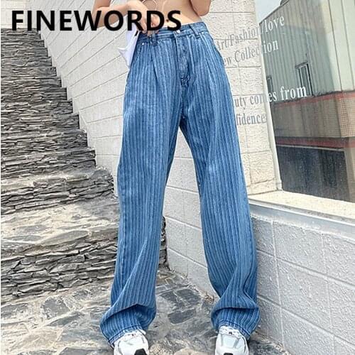 FINEWORDS Blue Striped High Waist Wide Leg Jeans Women Plus Size Korean Straight Jeans Women Vintrage Washed Casual Punk Jeans