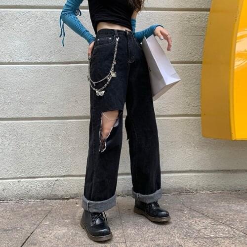 Cotton Ripped with Chain Wide Leg Women StreetStyle 2021 Casual Denim Lady Long Pants Jeans Vintage Fashion Quality Trousers