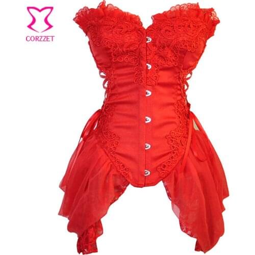 Red Satin&Lace Boned Overbust Burlesque Sexy Corset Dress Espartilho Feminino Gothic Waist Trainer Corsets Women Dress Suits