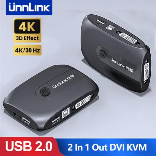 Unnlink 2X1 DVI KVM Switch Box Selector DVI Switch 2 In 1 Out Sharing USB 2.0 monitor mouse keyboard for 2 Computer Laptops PCs