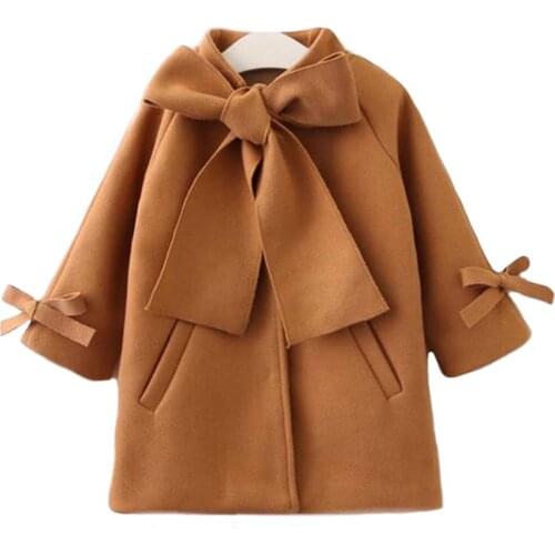 Ma&Baby 2-8Y Autumn Winter Children Kid Girls Wool Blends Coat Long Sleeve Warm Trench Coat Bow Overcoat Child Outerwear