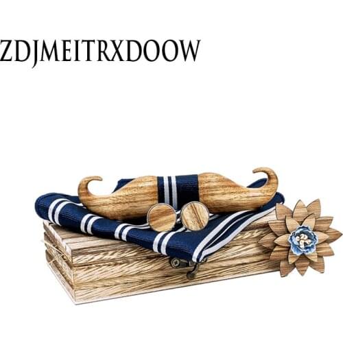 3D Beard Plaid Pocket Square Wooden Bow Tie Set Handkerchief Cufflink Brooch For Men Wedding Neck Ties Gift With Wood Box
