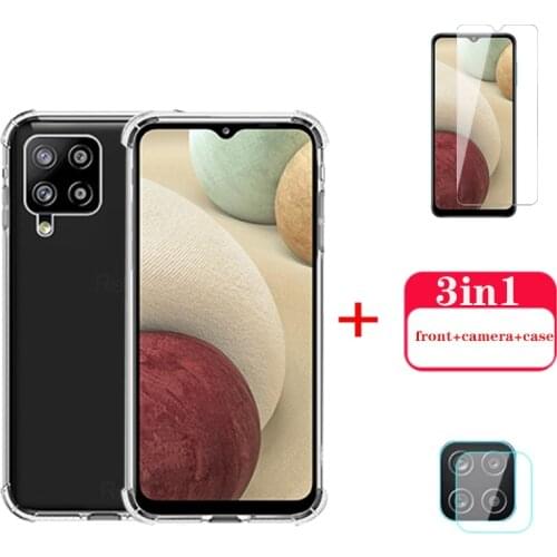 3in1 Soft Case For Samsung Galaxy A02 A12 A 02 12 Screen Protector Tempered Glass and Camera Lens Armored Film Shield Back Cove