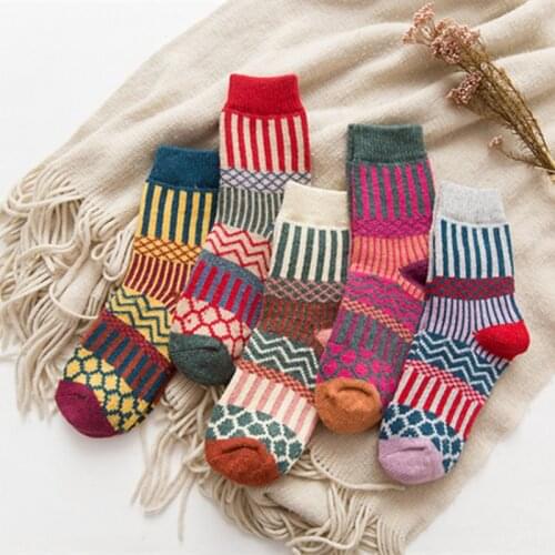 Autumn Winter Double-needle Thickened Warm Ladies Wool Socks Vertical Strips Literary Ethnic Style Cashmere Socks Women Socks