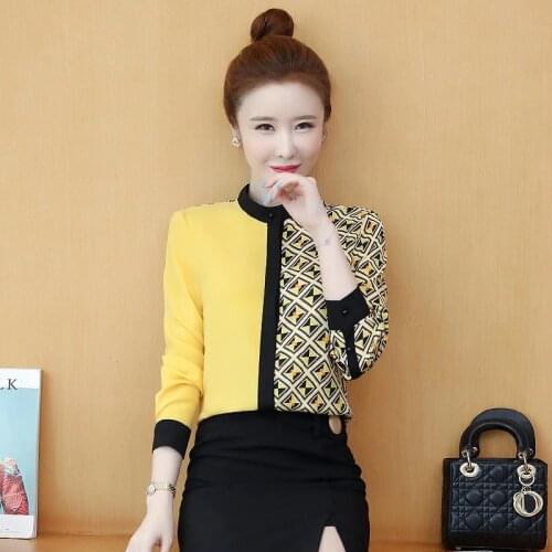 Autumn Long Sleeve Chiffon Shirts Blouse Round Neck Shirt Yellow Stitching Print Womens Tops and Blouses