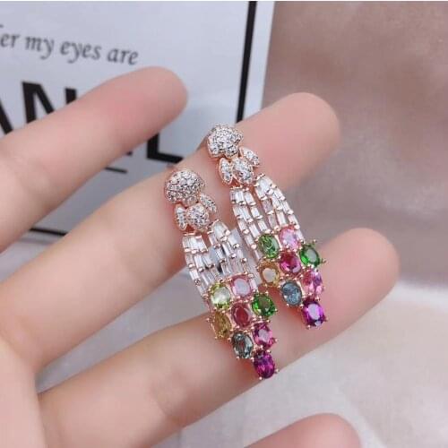 Luxurious Thick Tassels Natural Multicolor tourmaline earrings 925 silver natural gemstone earrings women party fine jewelry