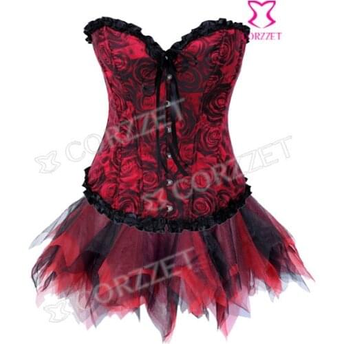 Rose Floral Embroidery Gothic Bustier Top with Tutu Skirt Set Clothing Sexy Burlesque Women Corselet Corset Dress Outwear Suit