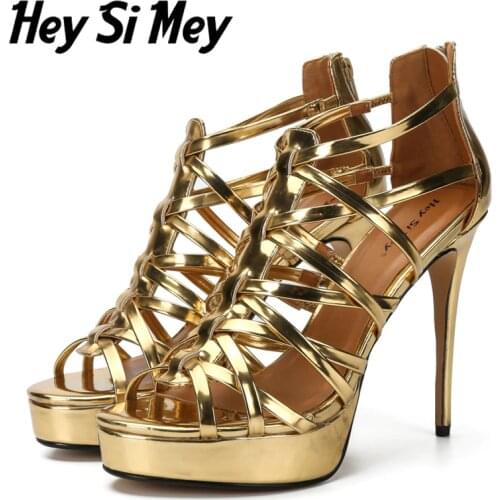 Luxury Women Sandals High Heels Sexy Cut-out Red Gold Ladies Gladiator Sandals Summer Party Womens Stripper Fetish Shoes