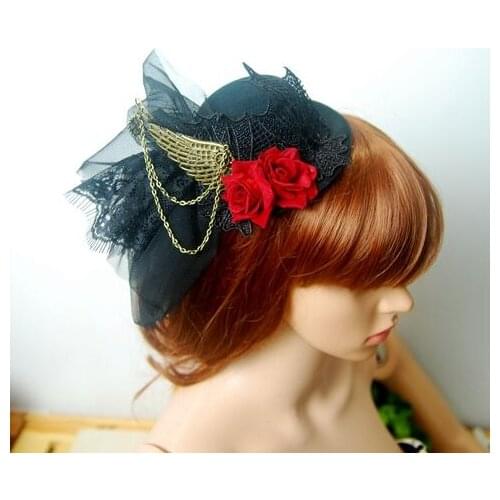Womens Handmade Flower Rose Lace Veil Hat Wedding Mini Top Hats with Chains Wing Fascinators Steampunk Hair Clip Accessory