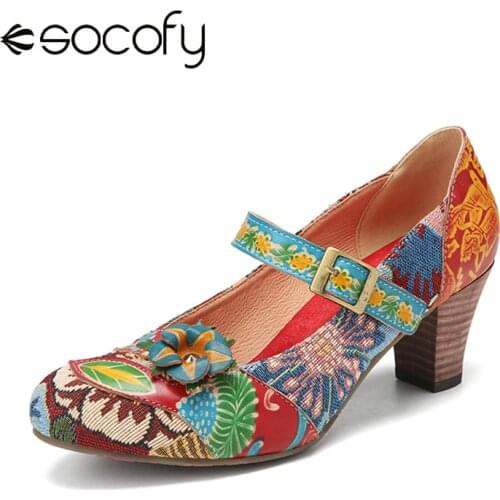 SOCOFY Women Elegant Style Pumps Flowers Decor Printed Stitching Floral Cloth Hook Loop Non Slip Mary Jane Chunky Heel Pumps